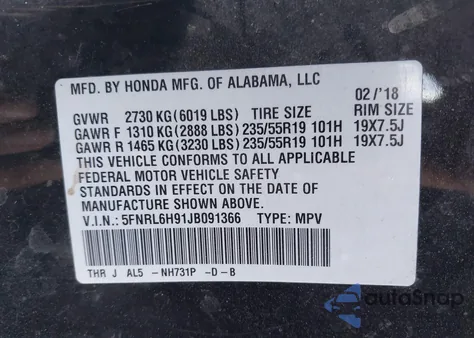 2018 Honda Odyssey Elite from USA, damaged, VIN 5FNRL6H91JB091366